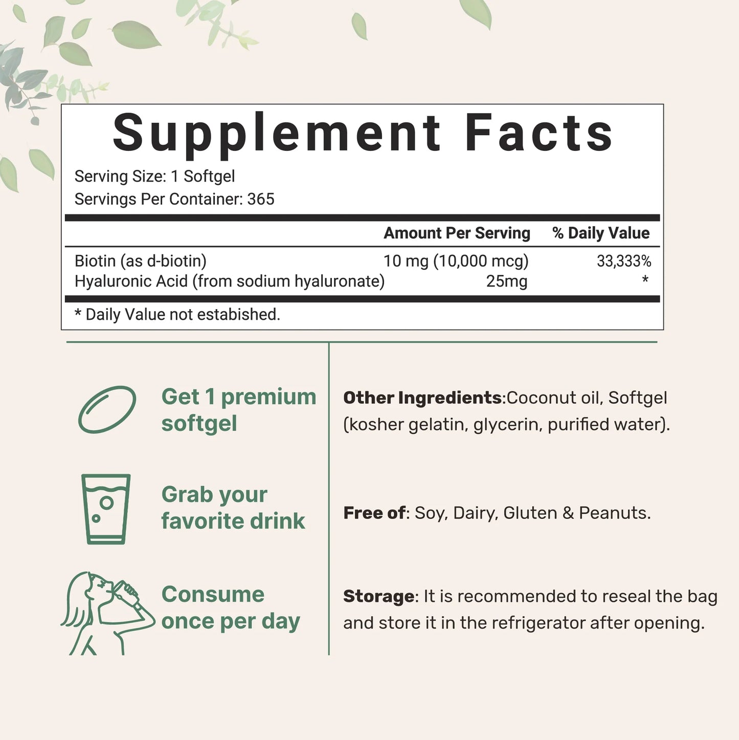 Fórmula antienvejecimiento 2 en 1 : Biotina y ácido hialurónico.Información nutricional. Modo de uso. Kosher.