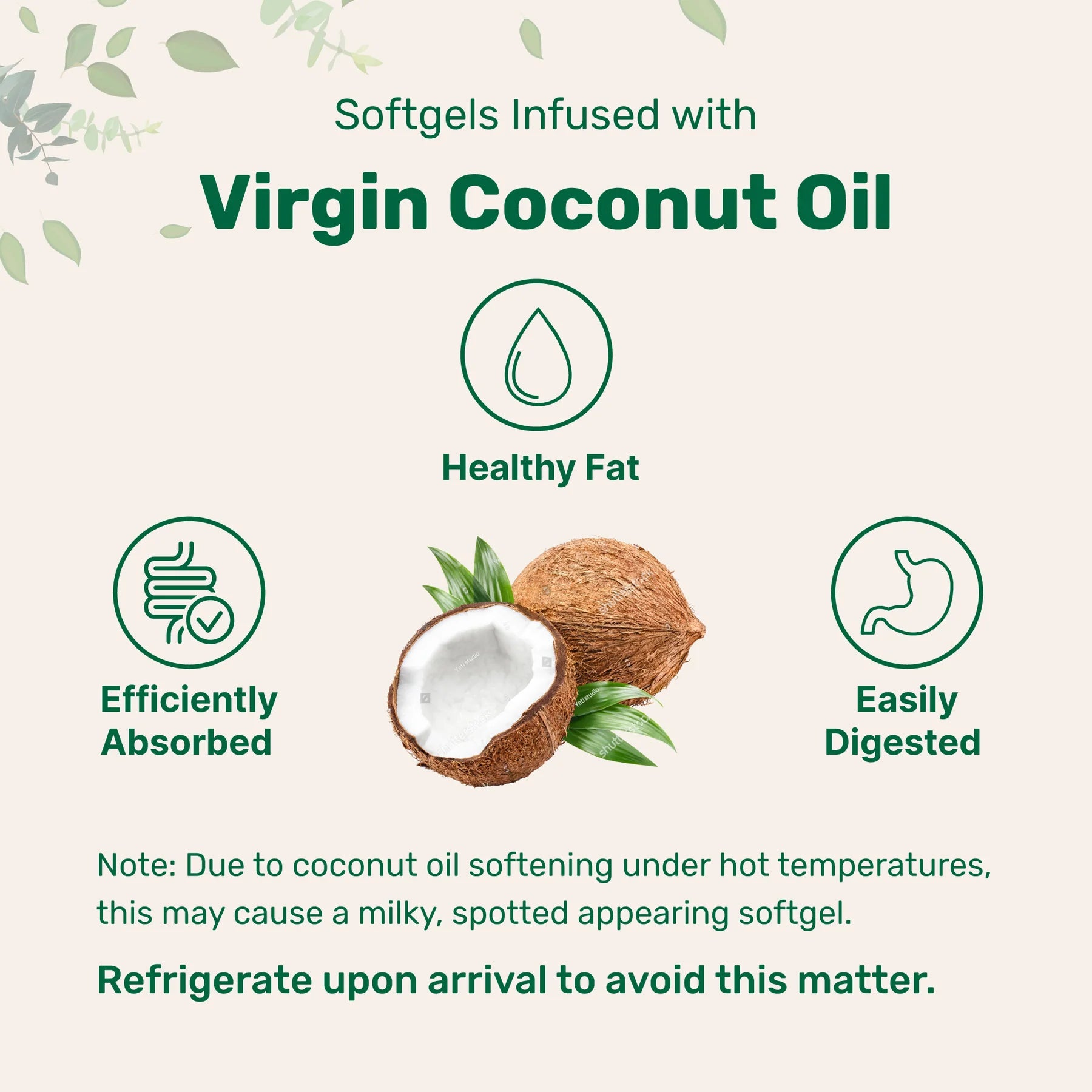 Características del aceite de coco virgen. Grasa saludable. Alta absorción. y fácil digestión.