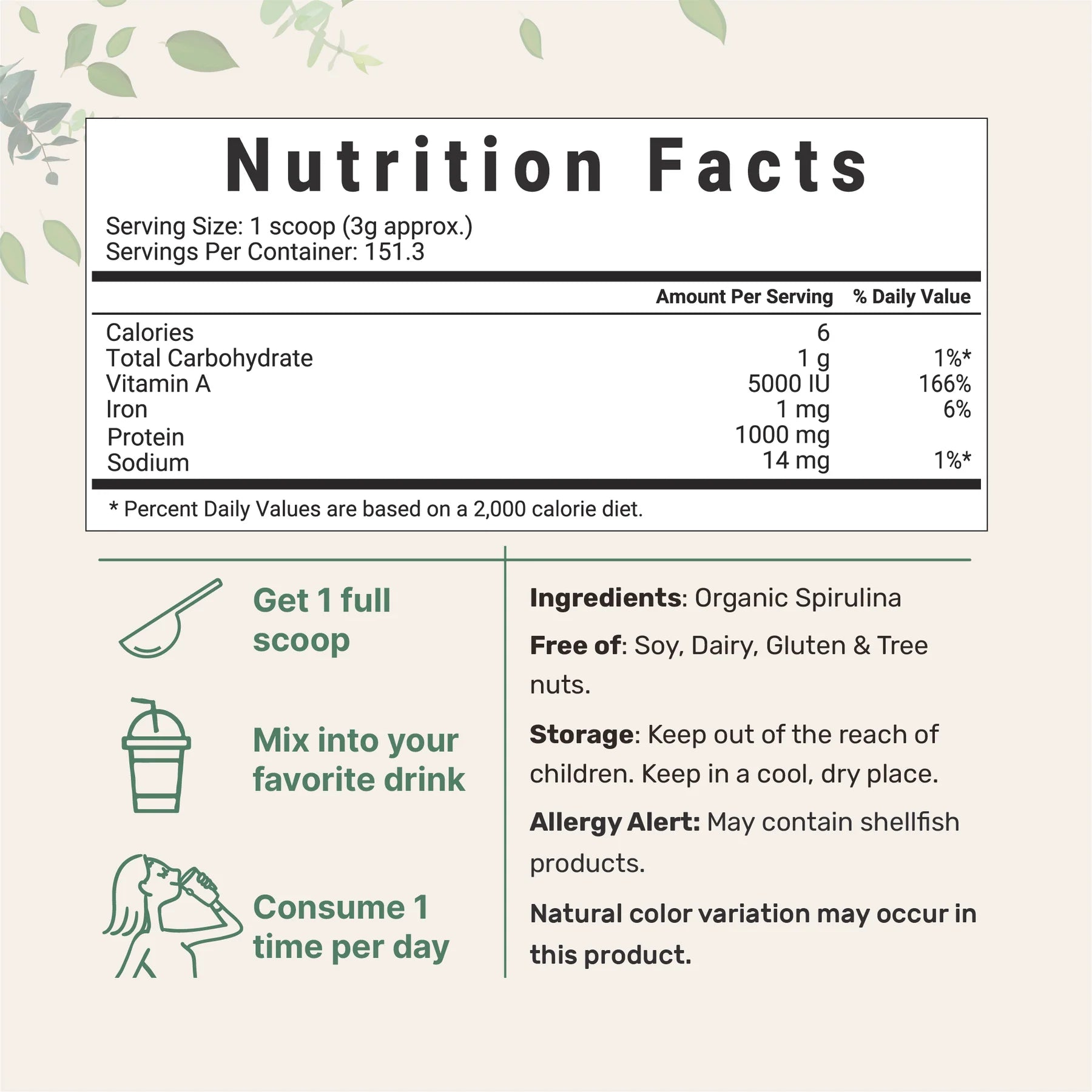 Espirulina Orgánica en Polvo rica en proteína vegana. Información nutricional y modo de uso. Libre de soya, leche, gluten y trazas de nueces.