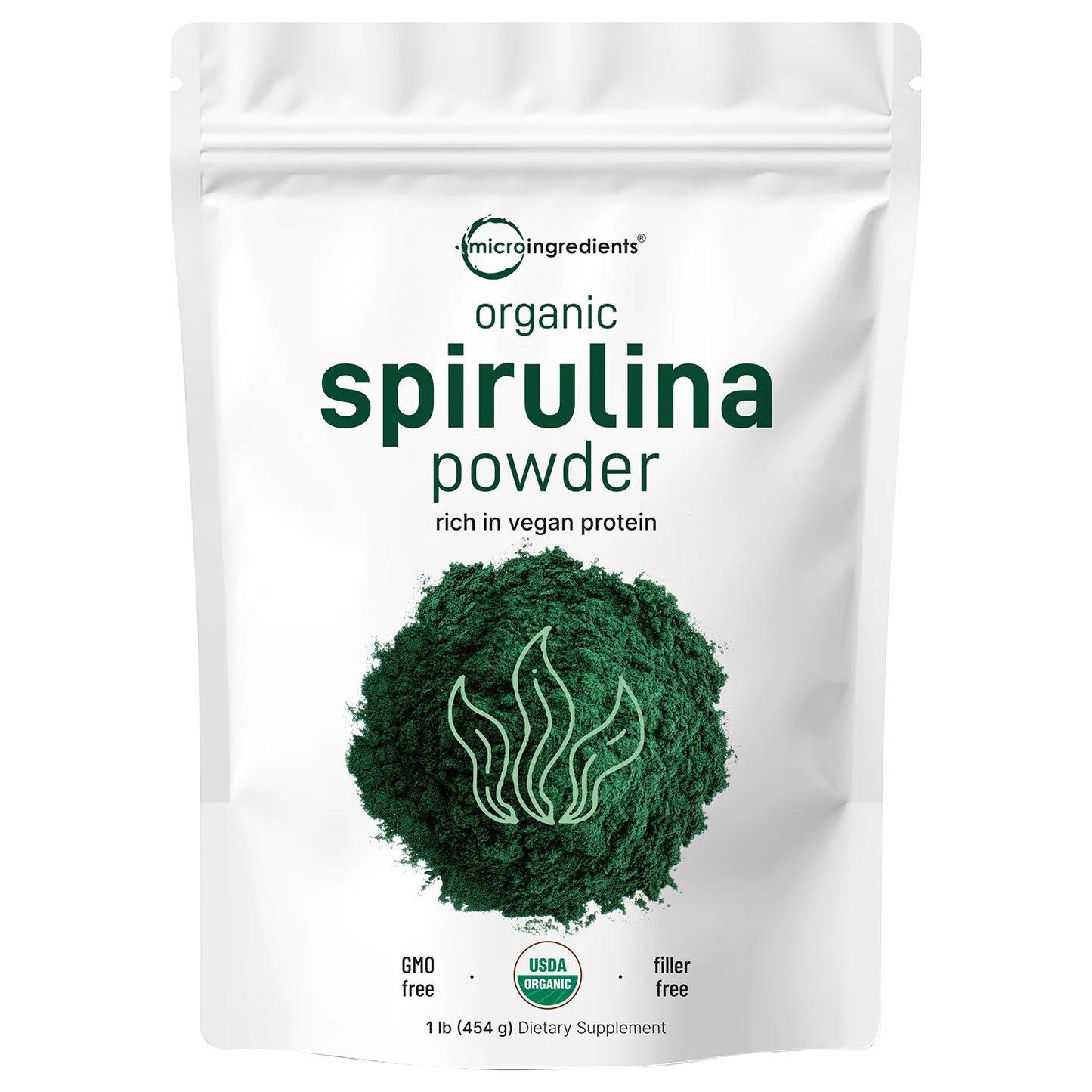 Espirulina Orgánica en Polvo rica en proteína vegana. Vista frontal del empaque.