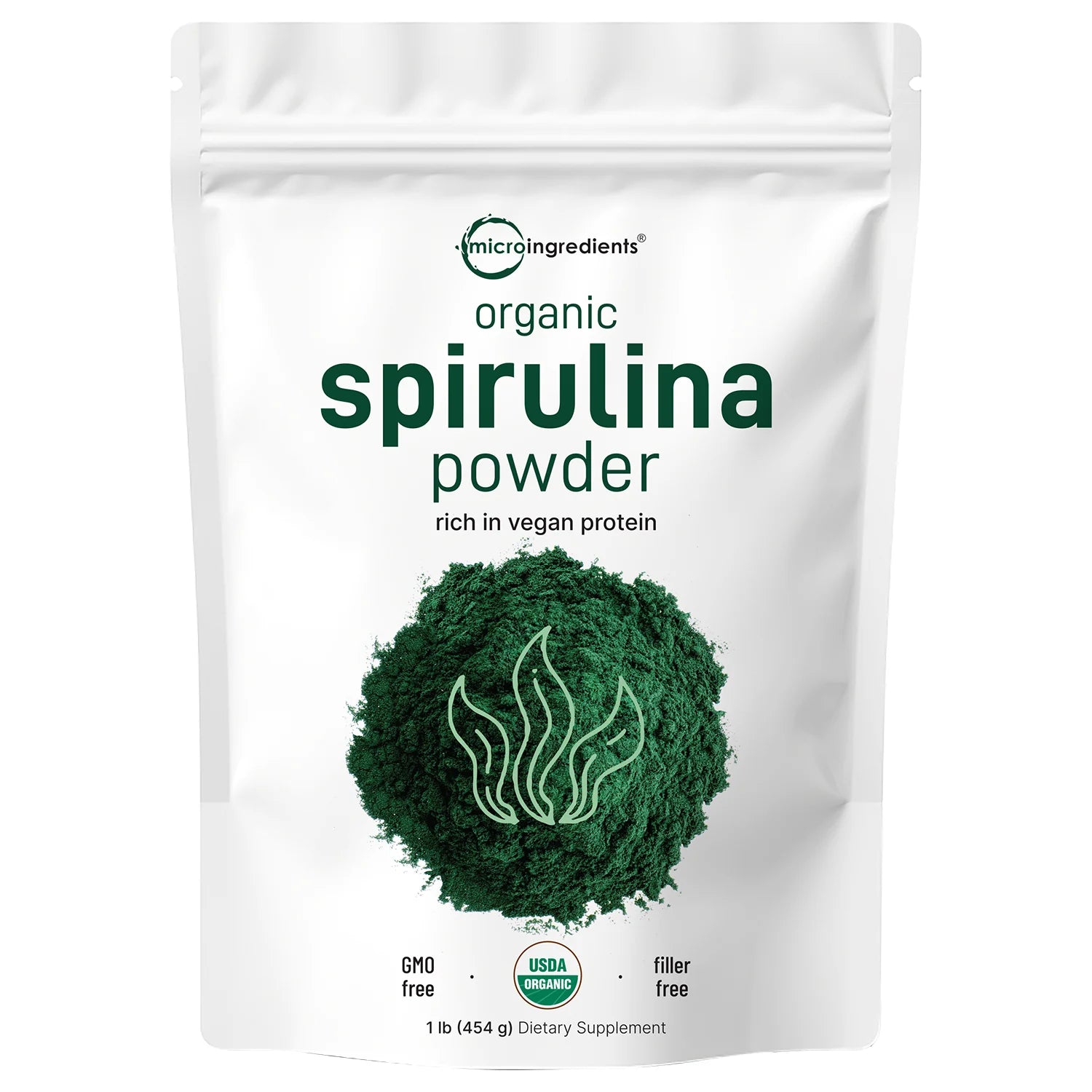 Espirulina Orgánica en Polvo rica en proteína vegana. Vista frontal del empaque.