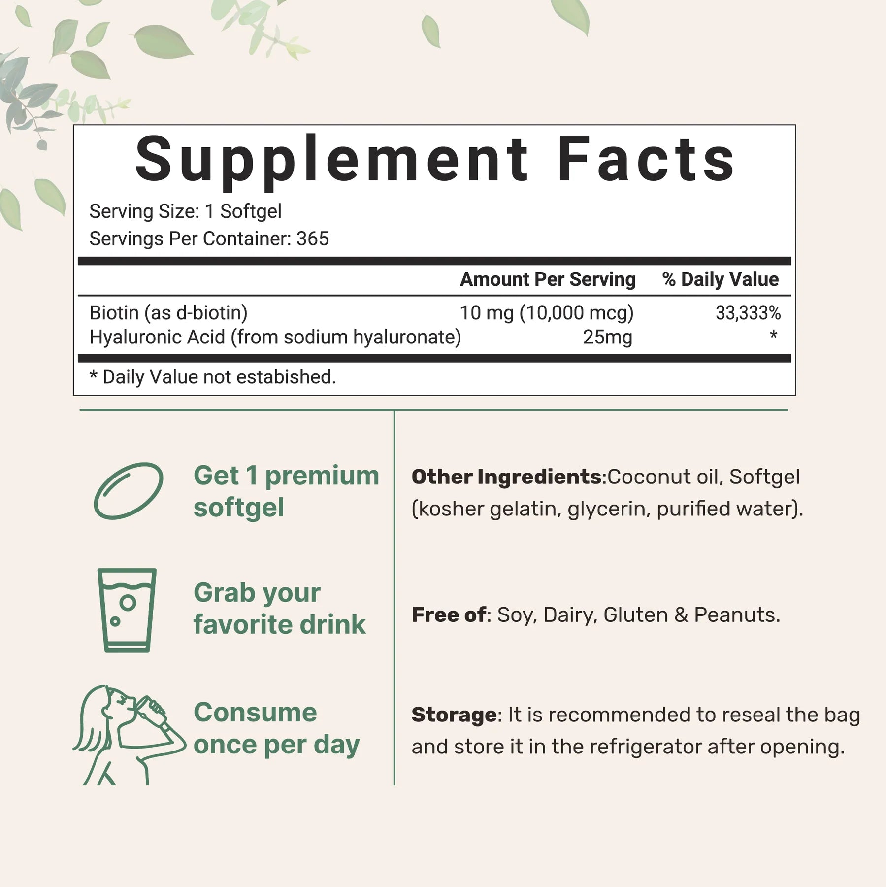 Fórmula antienvejecimiento 2 en 1 : Biotina y ácido hialurónico.Información nutricional. Modo de uso. Kosher.