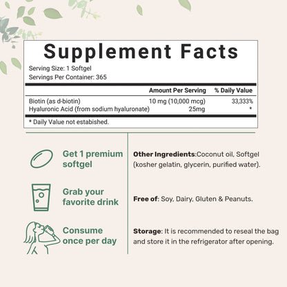 Fórmula antienvejecimiento 2 en 1 : Biotina y ácido hialurónico.Información nutricional. Modo de uso. Kosher.