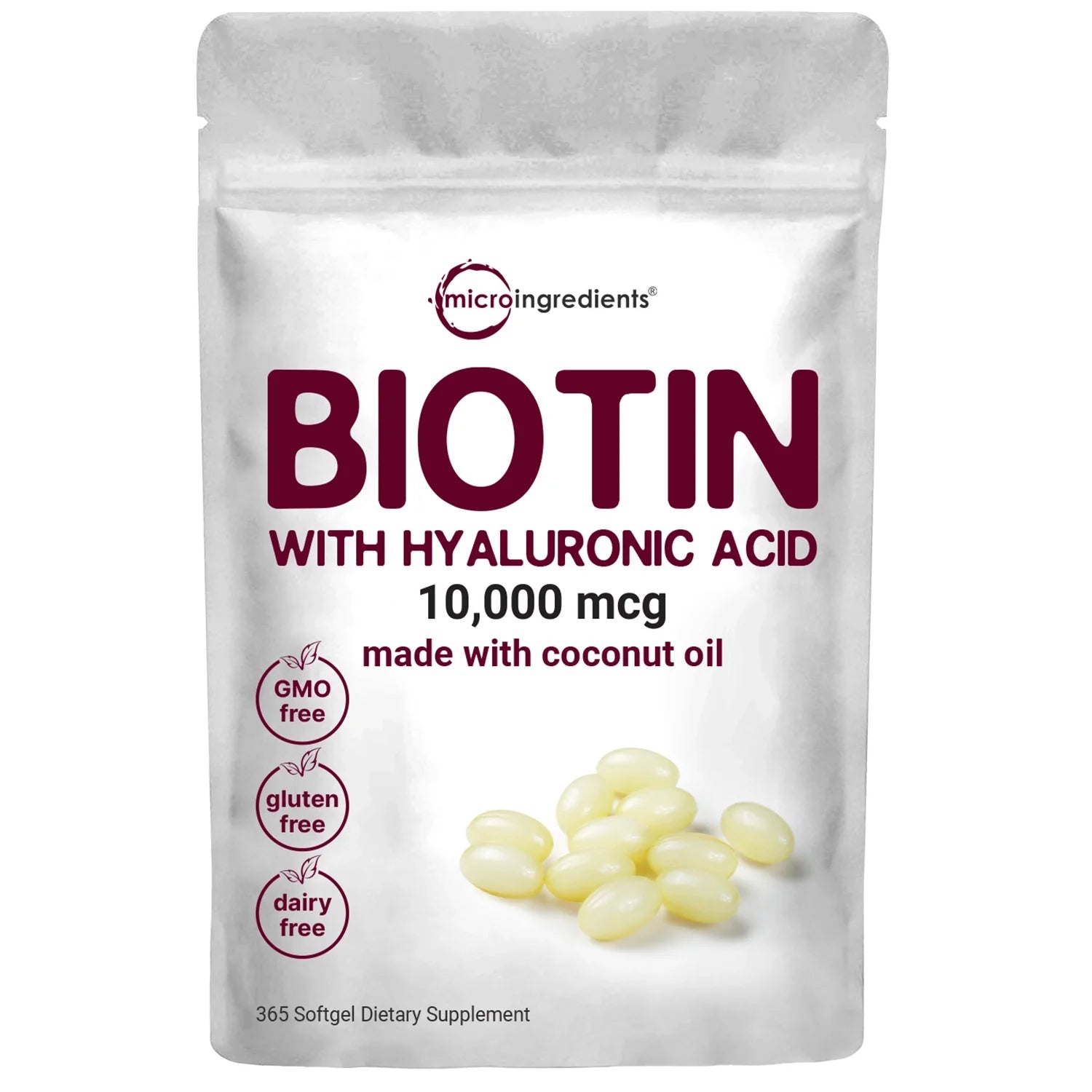 Fórmula antienvejecimiento 2 en 1 : Biotina 10.000mcg y ácido hialurónico. Vista frontal del empaque.