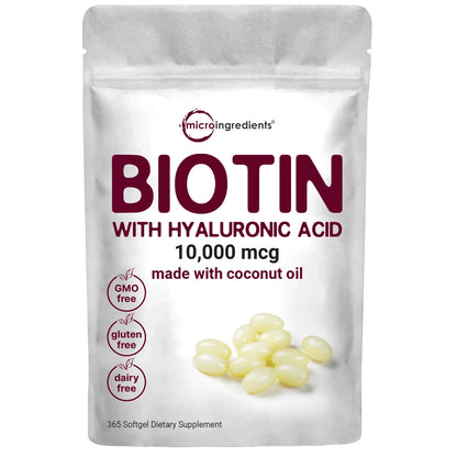 Fórmula antienvejecimiento 2 en 1 : Biotina 10.000mcg y ácido hialurónico. Vista frontal del empaque.
