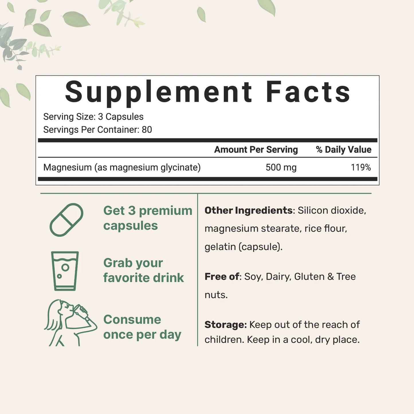 Magnesio Glicinato 500mg. Información nutricional. Modo de uso recomendado.