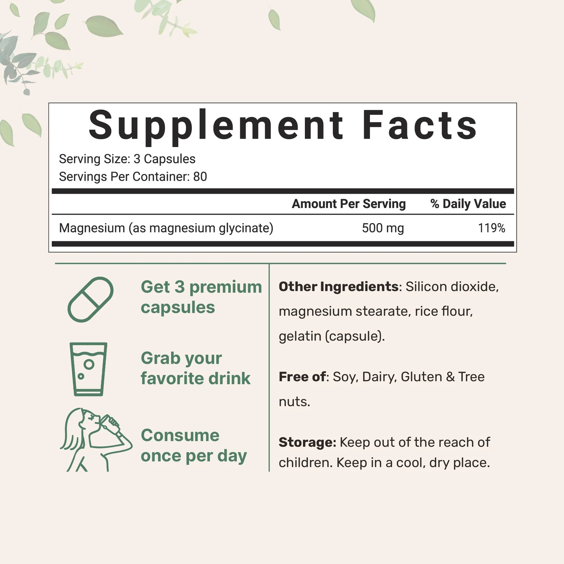 Magnesio Glicinato 500mg. Información nutricional. Modo de uso recomendado.