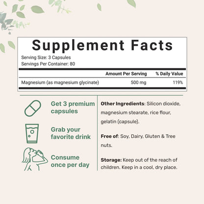 Magnesio Glicinato 500mg. Información nutricional. Modo de uso recomendado.