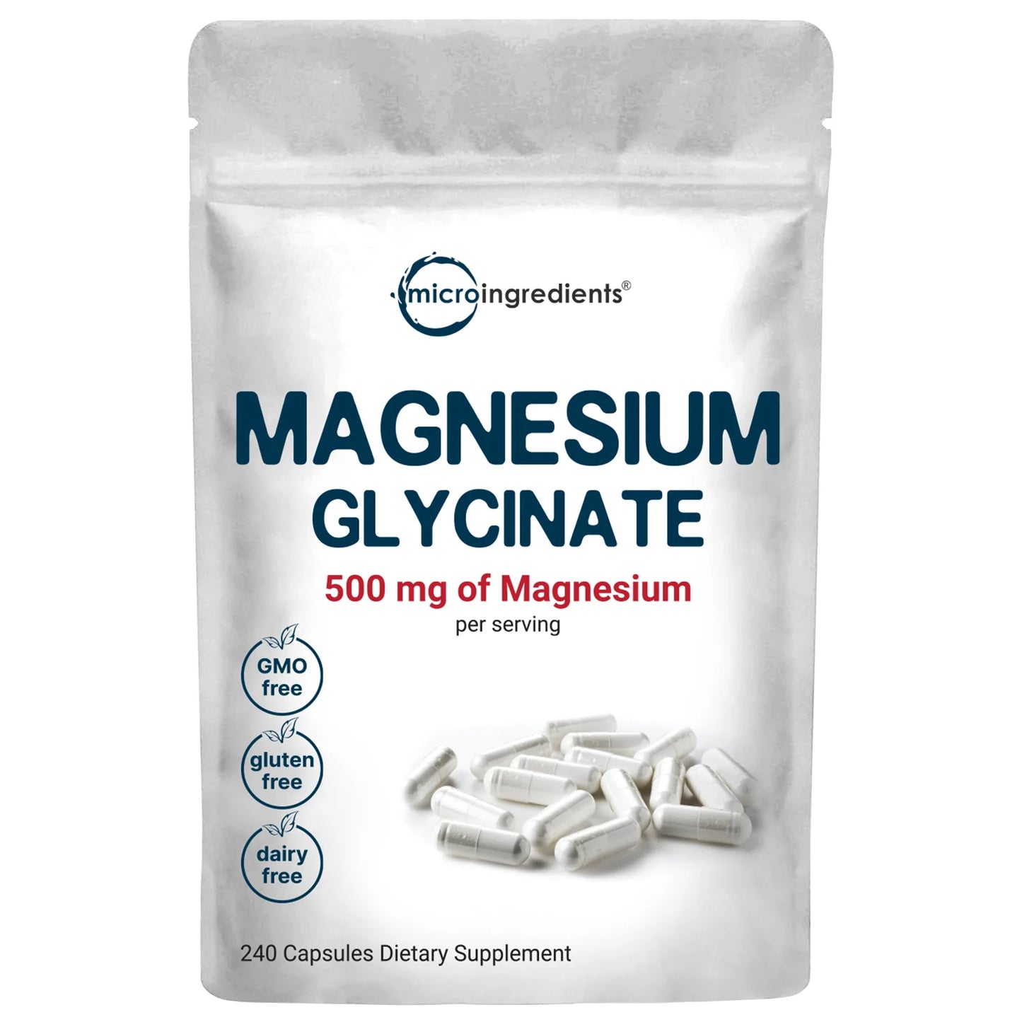 Magnesio Glicinato 500mg. Vista frontal del empaque.