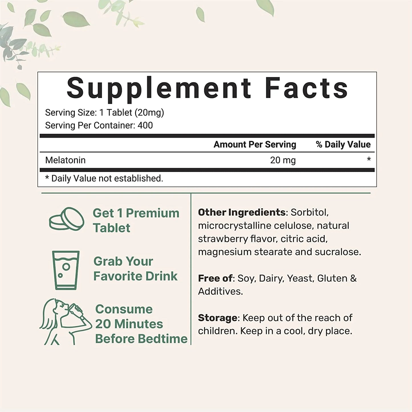 Melatonina 20mg. Información nutricional. Uso recomendado.