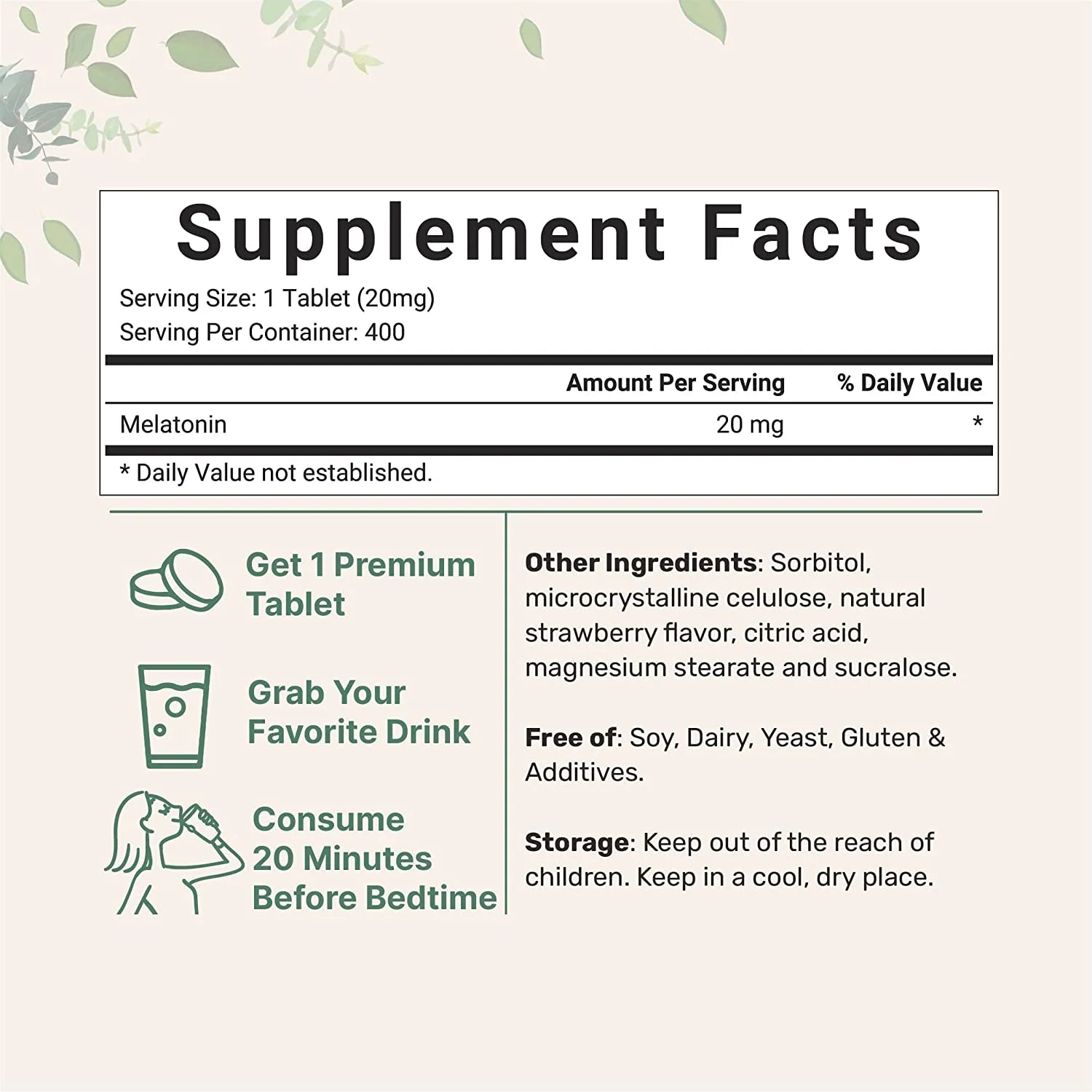 Melatonina 20mg. Información nutricional. Uso recomendado.
