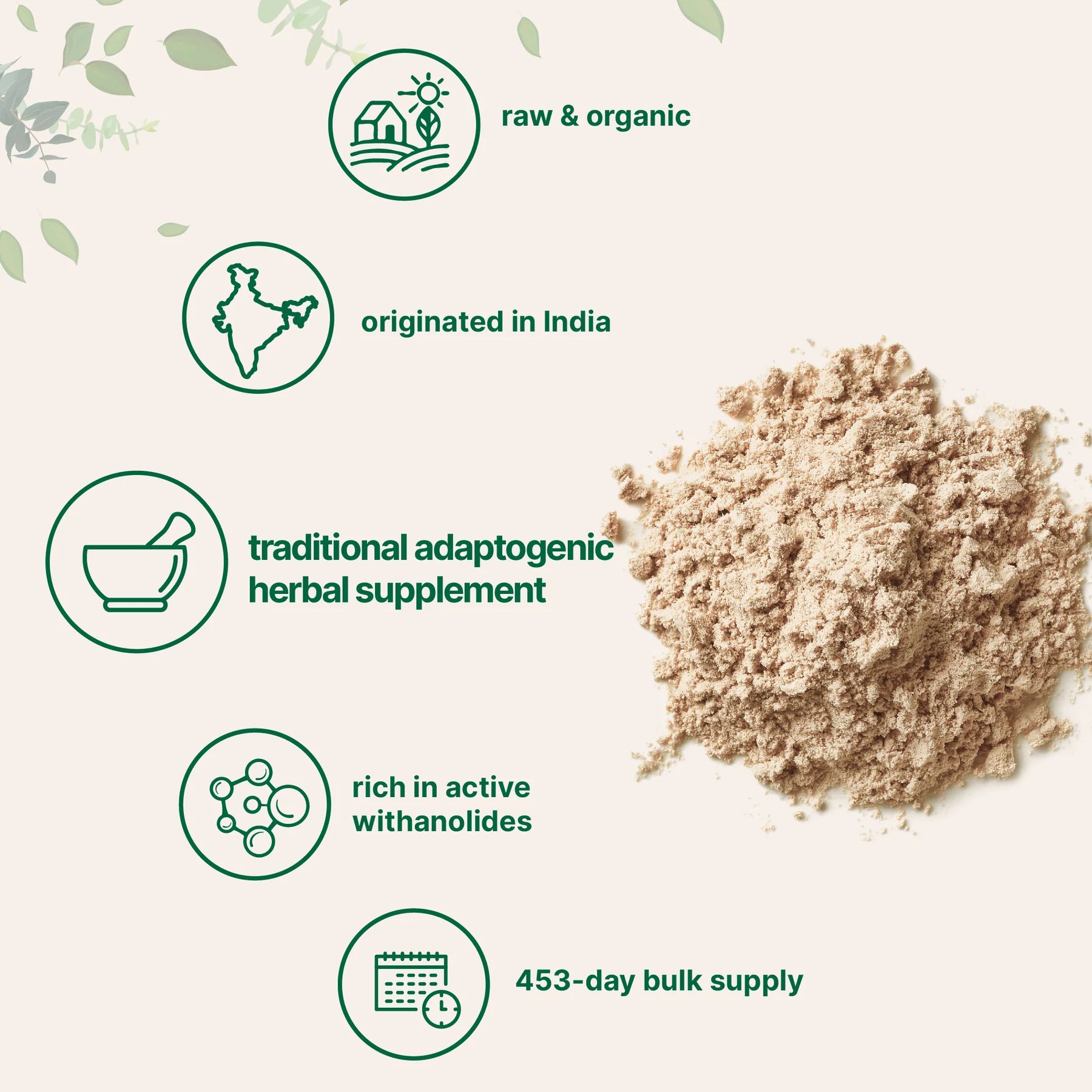 Polvo de ashwagandha orgánico. Características generales, Orgánico y natural, tradicional, ayurveda.