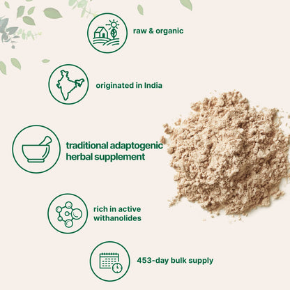 Polvo de ashwagandha orgánico. Características generales, Orgánico y natural, tradicional, ayurveda.