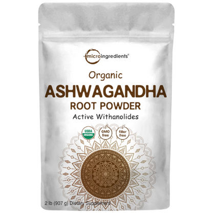 Polvo de ashwagandha orgánico. Vista frontal del empaque