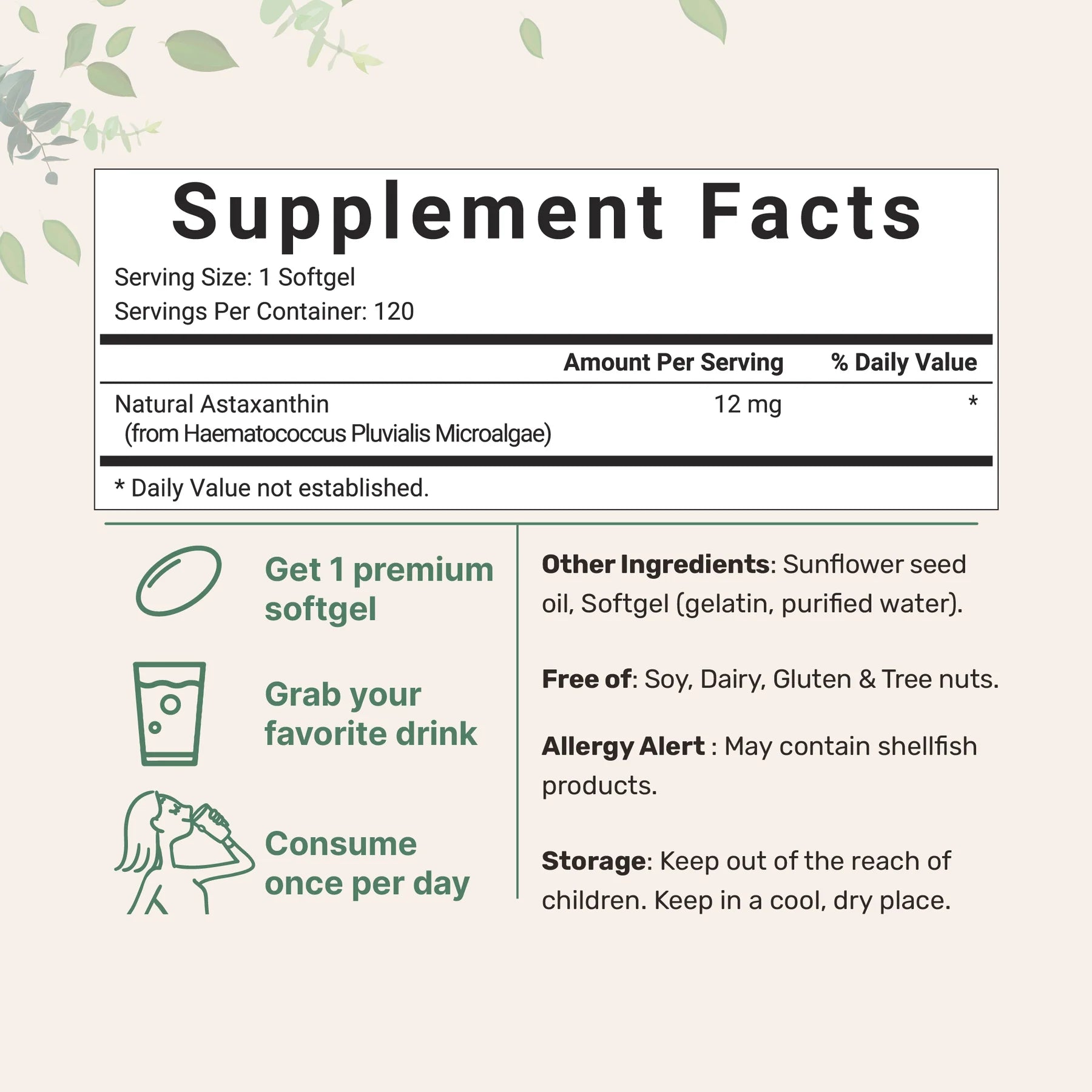 Softgels de Astaxantina natural 12mg. Información nutricional.  Forma de uso, ingredientes.