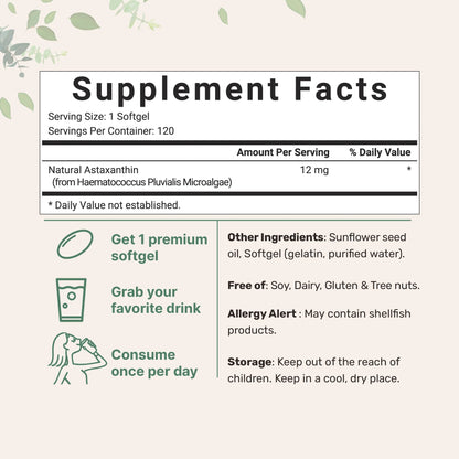 Softgels de Astaxantina natural 12mg. Información nutricional.  Forma de uso, ingredientes.
