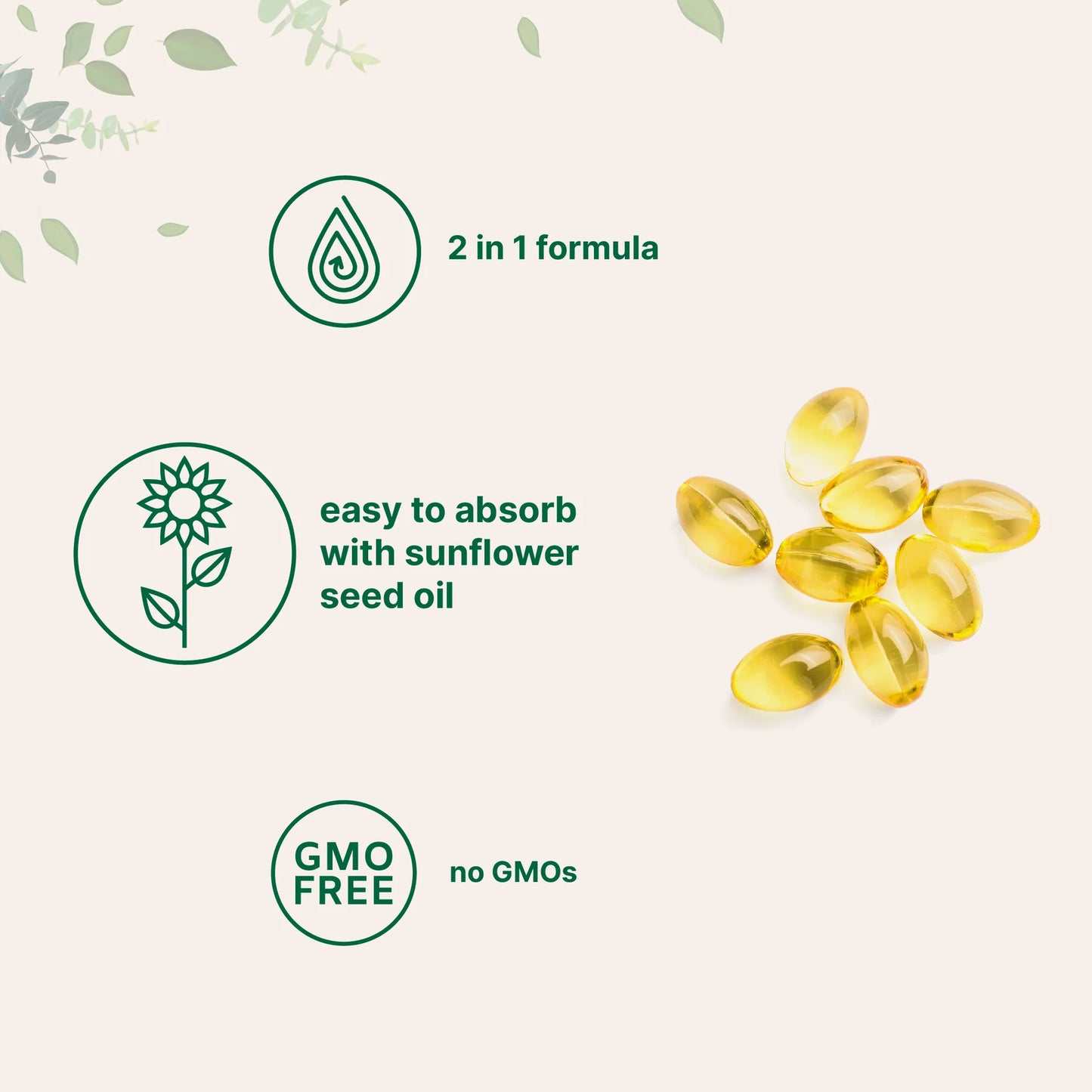 Vitamina D3 + K2 5000IU. Características generales: Fórmula 2 en 1, de fácil absorción, sin GMOs