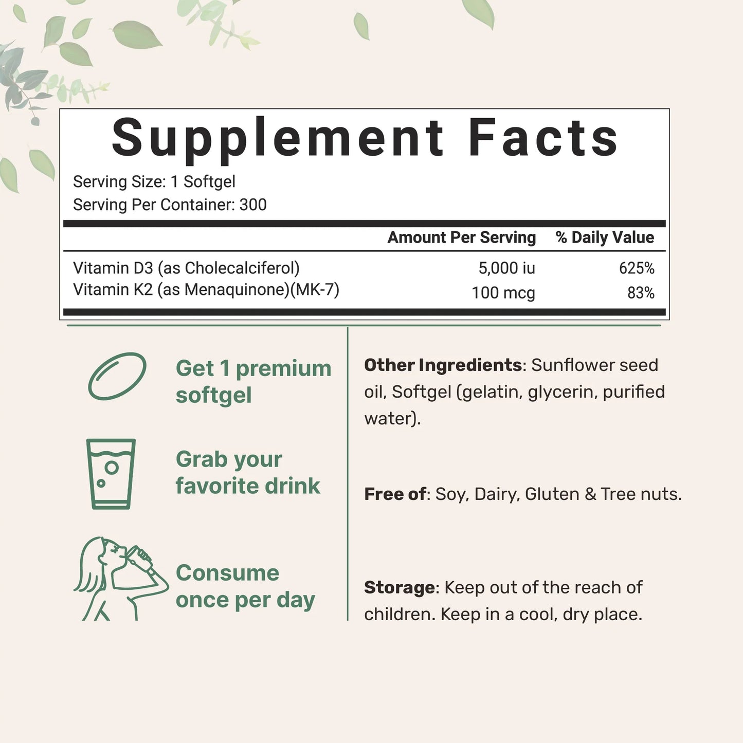 Vitamina D3 + K2 5000IU. Información nutricional y formas de uso.