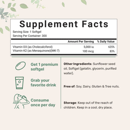 Vitamina D3 + K2 5000IU. Información nutricional y formas de uso.