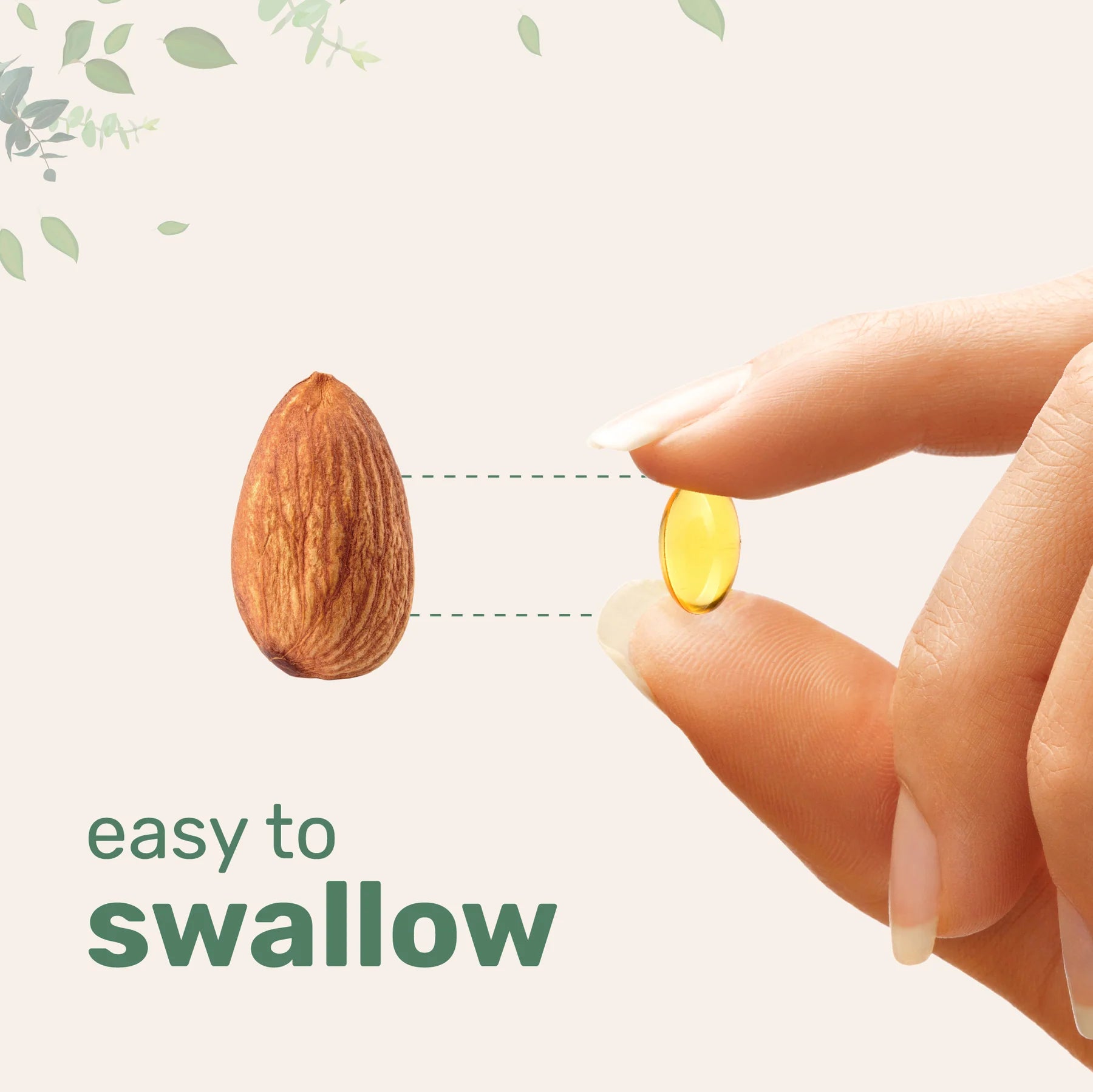 Vitamina D3 + K2 5000IU. Tamaño del softgel en comparación con el tamaño de una almendra.