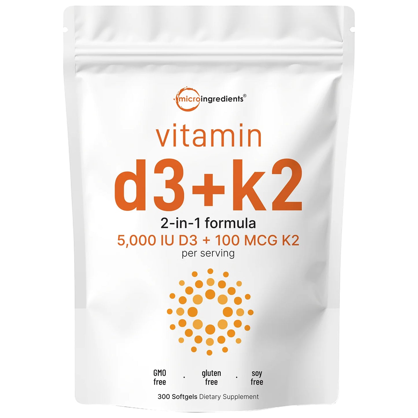 Vitamina D3 + K2 5000IU. Vista frontal del empaque.